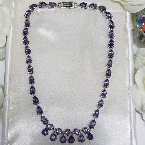 LUXURY STERLING SILVER MARCASITE AND AMETHYST NECKLACE - Picture 3 of 7